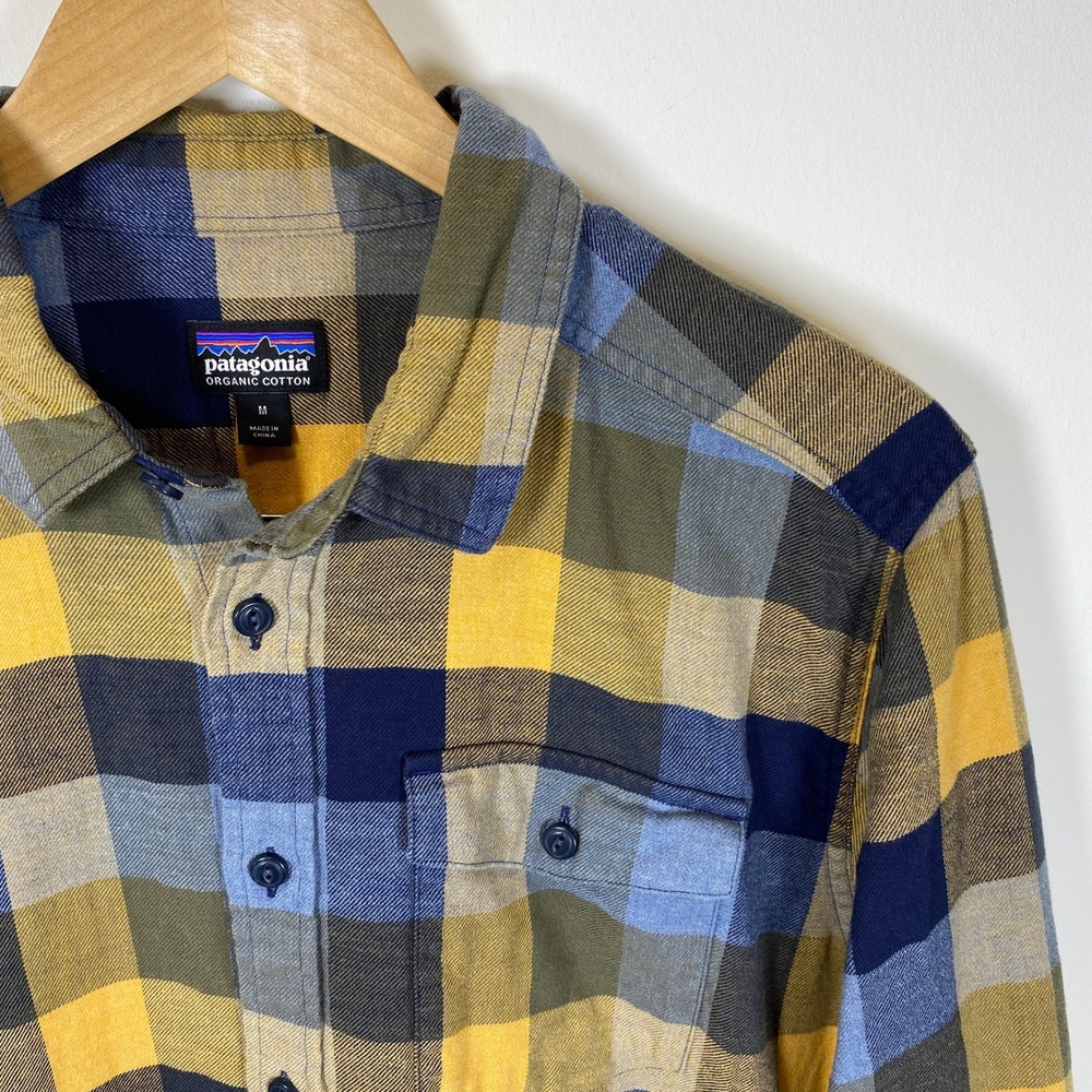 Patagonia Fjord Flannel Shirt Mens M Yellow Blue Excellent Organic Cotton Plaid